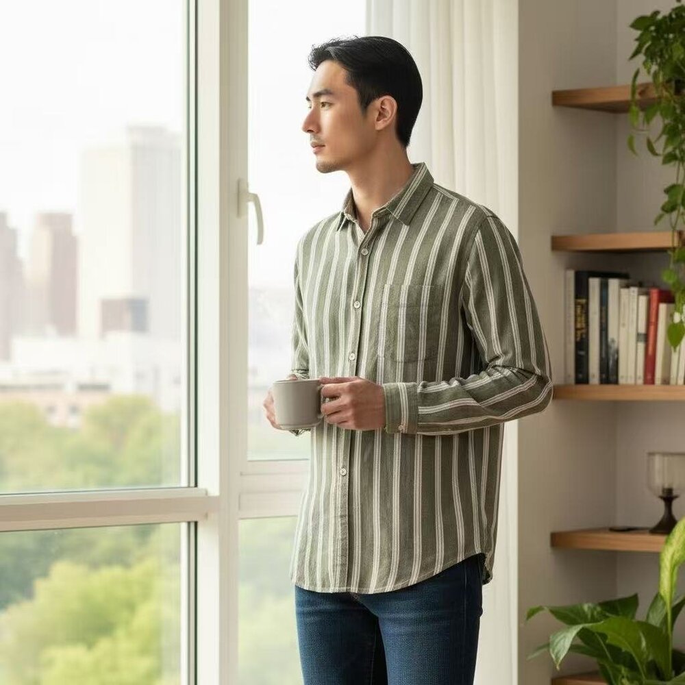 Figaret striped linen shirt olive white size M